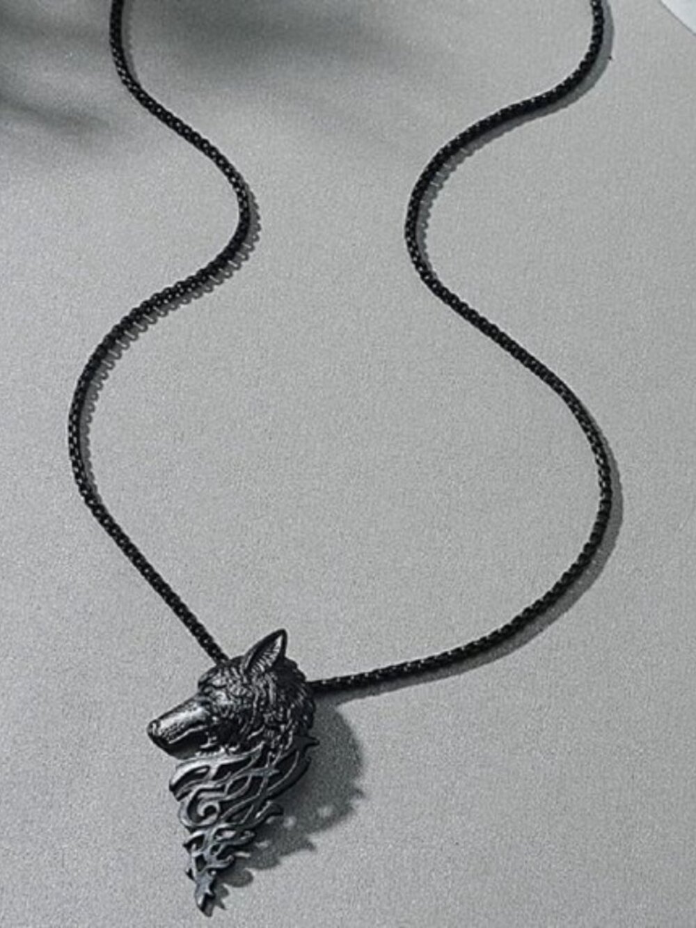 Wolf Head Pendant Necklace Black Tone Chain Animal Jewelry Men's Women's Gift